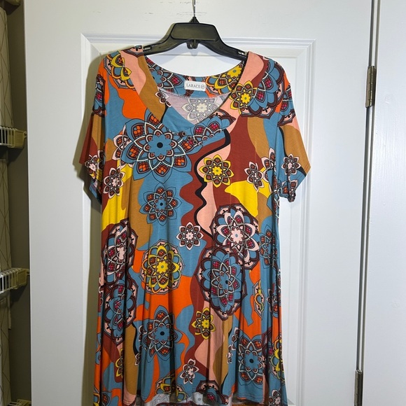 Graphic Orange and Blue Short Sleeve Blouse - Picture 1 of 3
